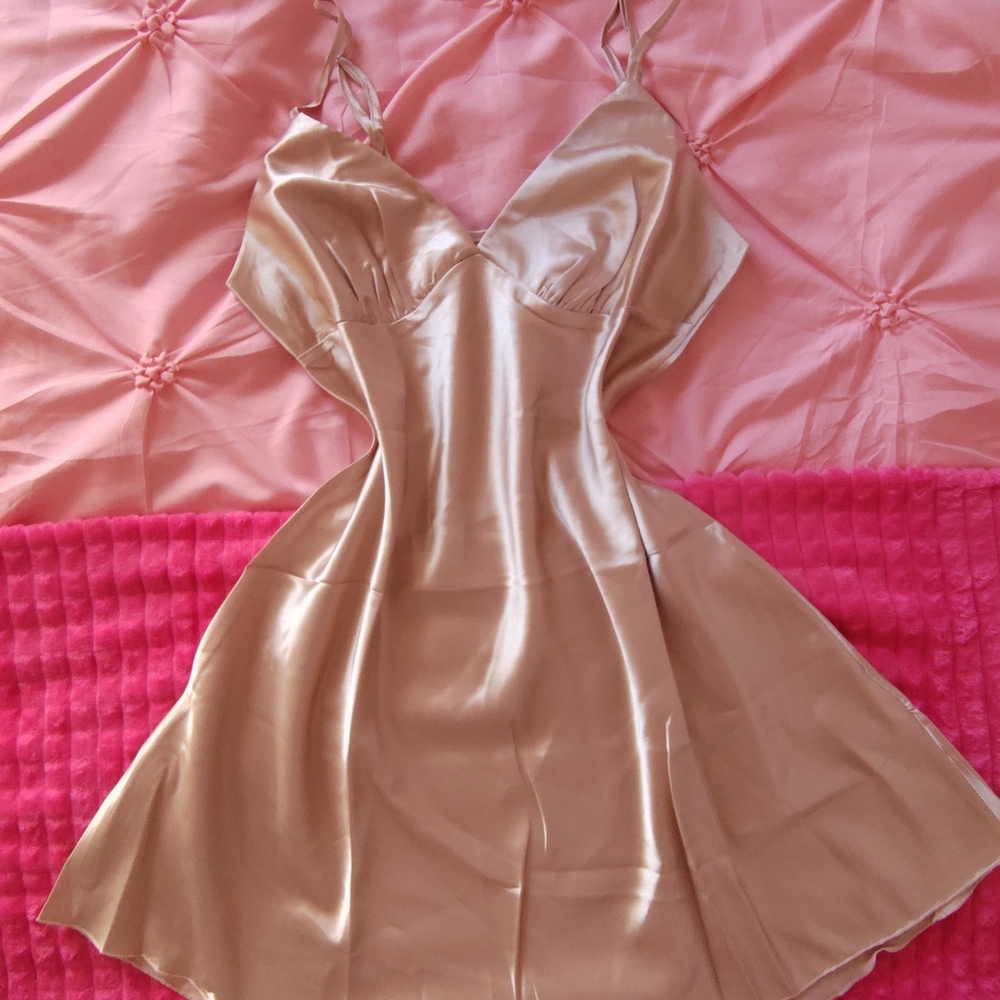 Beige Satin Nightdress • Womens Lingerie Slip Nightwear • Women's Satin PJ's